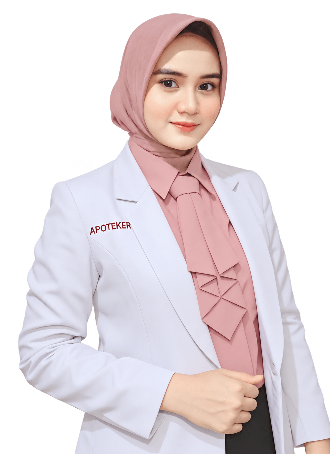 Intania Pertiwi mengenakan jas apoteker dan hijab pink lembut